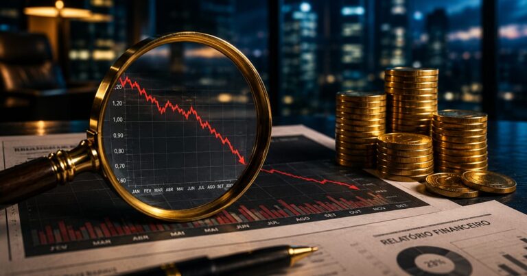 Lupa de detetive sobre um gráfico financeiro e moedas douradas, ilustrando a análise de dividend yield e vacância em fundos imobiliários.