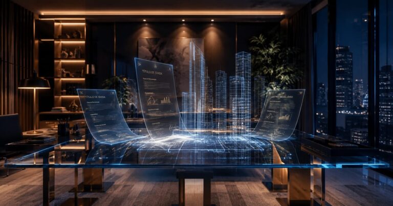 Contratos holográficos brilhantes formando edifícios virtuais sobre uma mesa, ilustrando o funcionamento dos FIIs de CRI e fundos de papel.