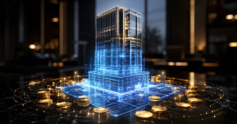 Ilustração fotográfica mostrando uma planta arquitetônica se transformando em um edifício com moedas, representando a mecânica dos fundos imobiliários.