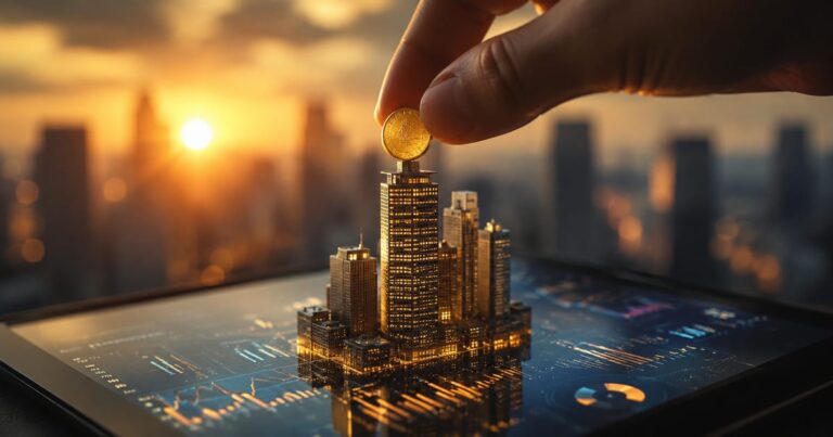 Moeda de ouro sendo plantada em um edifício em miniatura sobre um tablet, representando o investimento digital em fundos imobiliários.