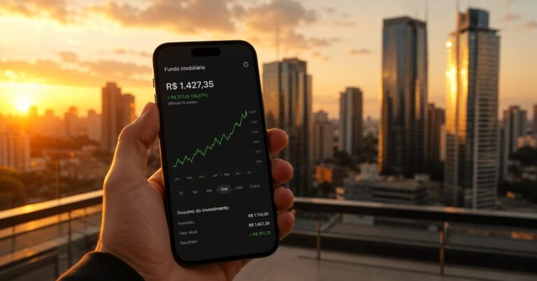 Pessoa segurando smartphone com gráfico financeiro tendo prédios comerciais modernos ao fundo, representando como investir em FIIs.