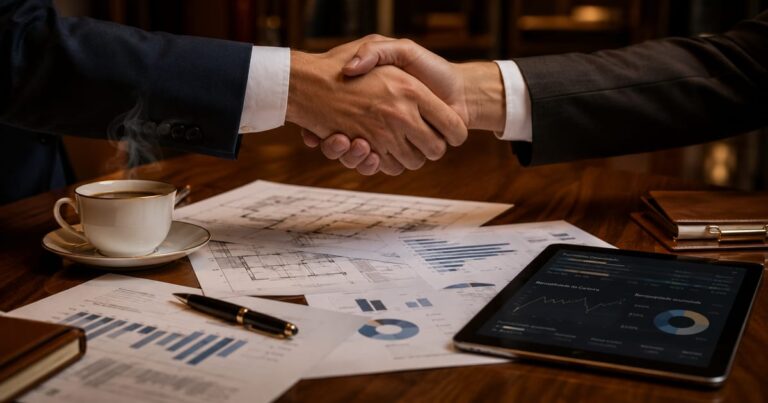 Aperto de mãos sobre mesa de escritório com gráficos e café simbolizando consultoria de investimentos profissional
