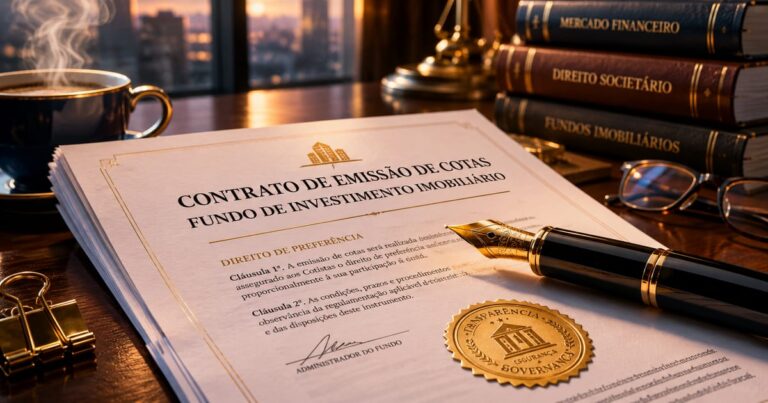 Contrato financeiro impresso com caneta tinteiro sobre mesa de madeira, ilustrando o direito de subscrição em FIIs.