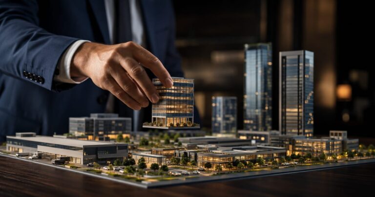 Maquete arquitetônica realista de cidade com galpões, prédios corporativos e shoppings, representando fundos imobiliários de tijolo.