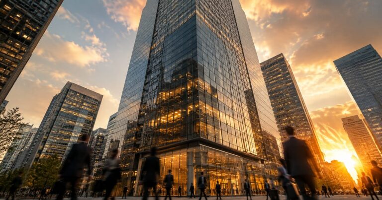 Fotografia de um moderno arranha-céu corporativo espelhado no final da tarde, representando fundos imobiliários de lajes corporativas.