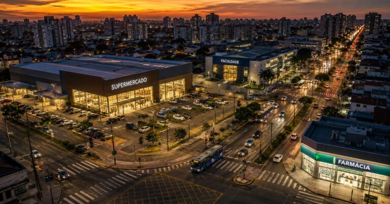 Vista aérea de uma cidade com supermercado, farmácia e faculdade iluminados, representando os FIIs de renda urbana.