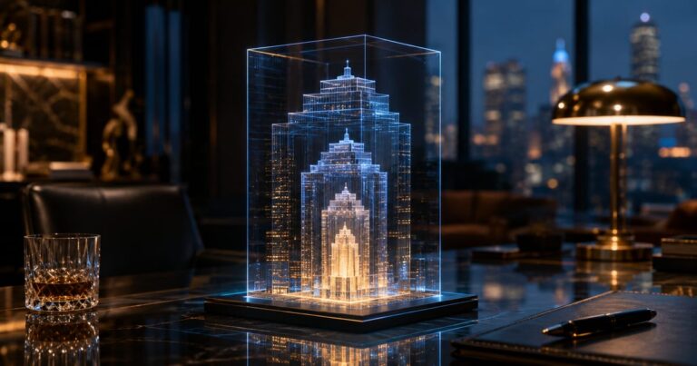 Miniaturas holográficas de prédios contidas umas dentro das outras sobre mesa de vidro, ilustrando um Fundo de Fundos FII.