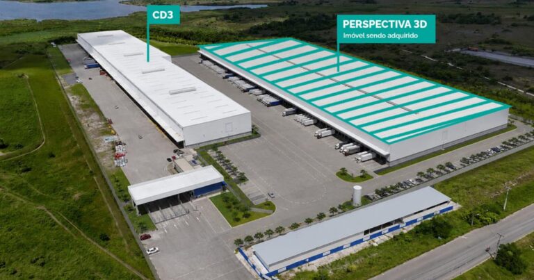 Vista aérea de um galpão logístico moderno representando o novo investimento do fundo imobiliário GGRC11 na Bahia.