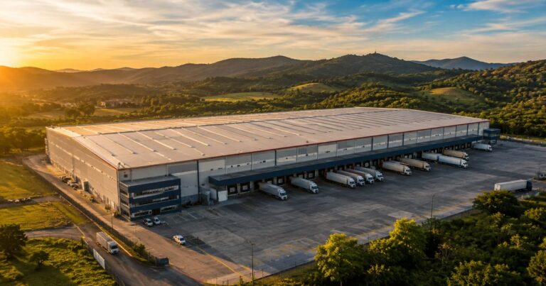 Vista aérea de um moderno galpão logístico em área cercada por natureza, representando o novo imóvel do fundo GGRC11.