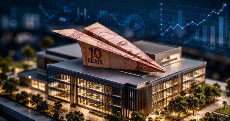 Nota de dez reais em forma de avião pousando sobre maquete de prédio comercial, ilustrando investimentos em FIIs base 10.