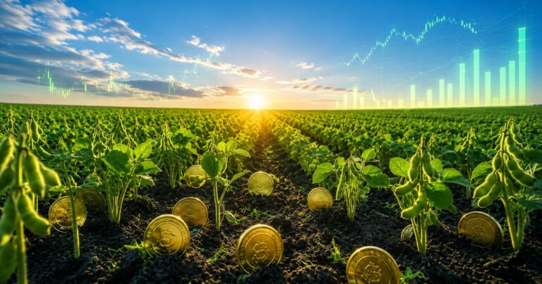 Campo de soja ao pôr do sol com gráficos financeiros sobrepostos, ilustrando o investimento no agronegócio através do Fiagro.