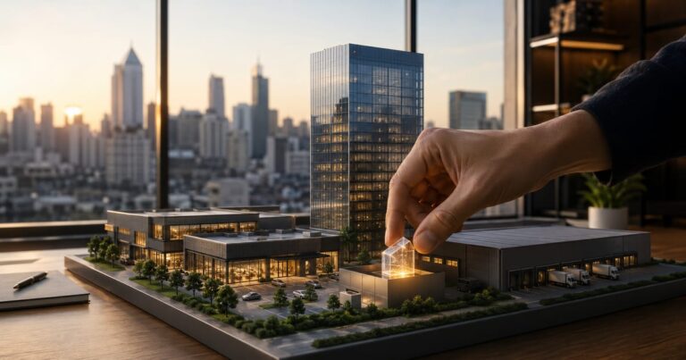 Maquete detalhada de diversos tipos de imóveis com uma mão encaixando uma peça, simbolizando o investimento em FIIs.