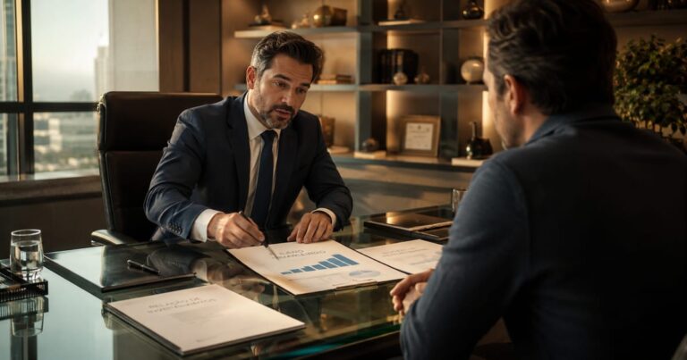 Consultor de investimentos mostrando um gráfico transparente a um cliente, ilustrando quanto custa uma consultoria de investimentos.