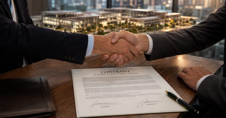 Contrato imobiliário sendo assinado sobre uma mesa, representando a compra do imóvel pelo fundo RZAT11.