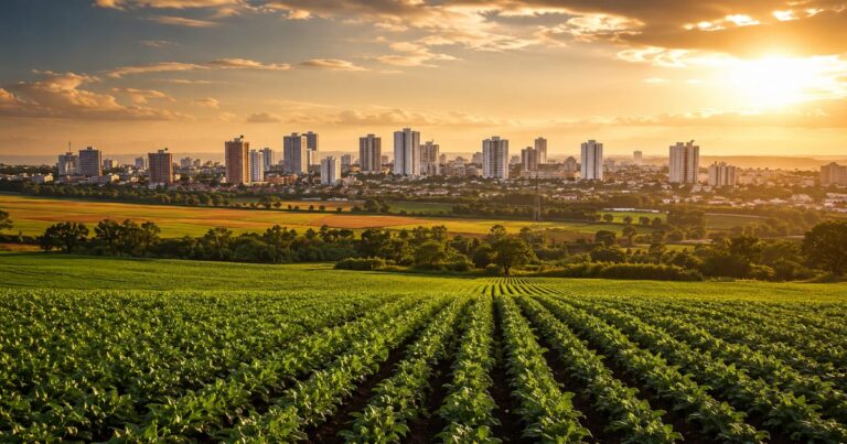 Imagem mostrando um campo agrícola com tratores e uma cidade ao fundo, representando a tese imobiliária do TGAR11 no interior.