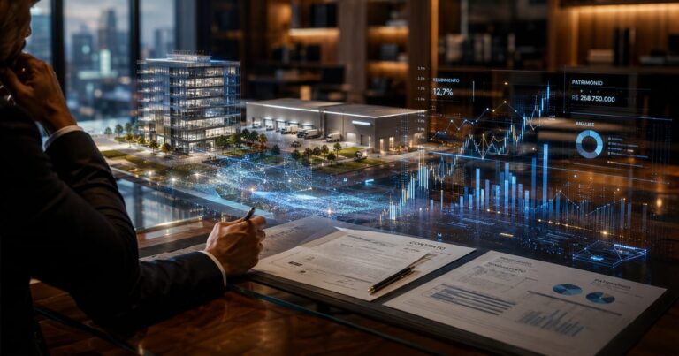 Maquete arquitetônica fundindo-se a gráficos financeiros e contratos, representando os tipos de fundos imobiliários de tijolo e papel.
