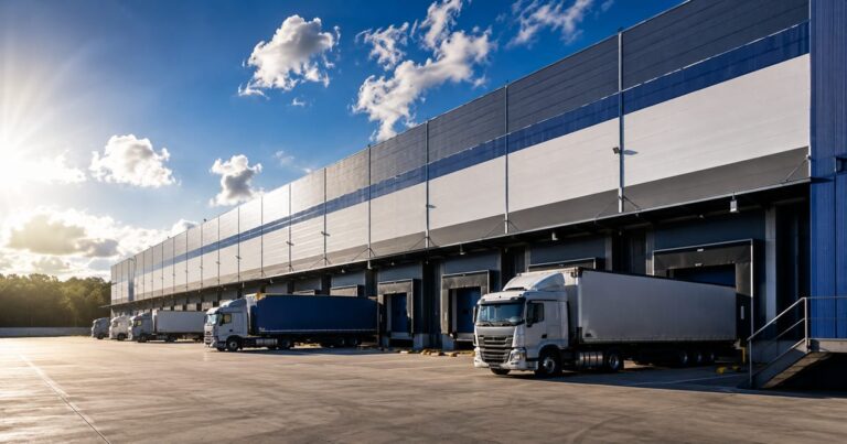 Caminhões de carga estacionados em docas de um moderno centro de distribuição logístico.