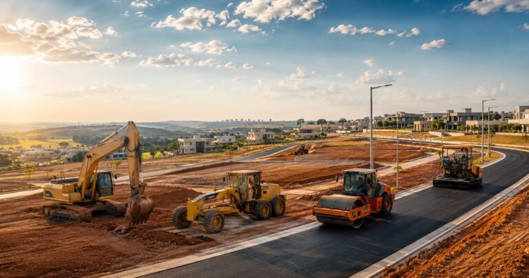 Canteiro de obras de loteamento residencial ilustrando os investimentos do fundo URPR11