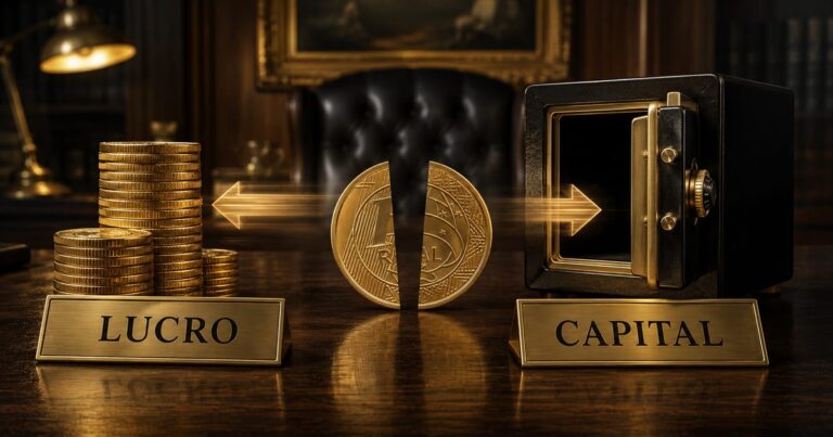 Moeda de ouro dividida ao meio, representando a diferença entre lucros e devolução de capital na amortização de cotas.