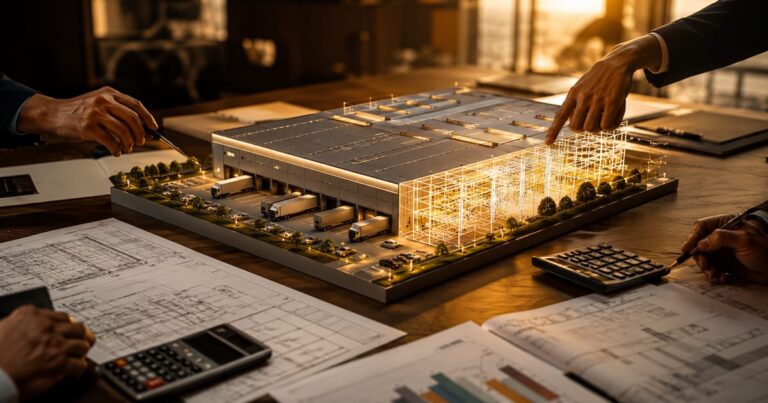 Maquete de galpão logístico sobre mesa de reunião representando uma operação imobiliária built to suit.