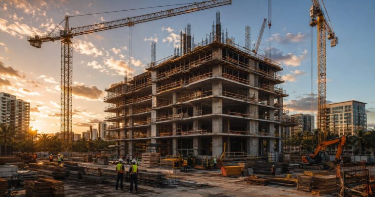 Canteiro de obras de empreendimento imobiliário em andamento com guindastes e estrutura no fim de tarde