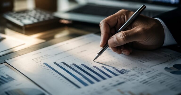 Relatório financeiro impresso com gráficos sobre uma mesa