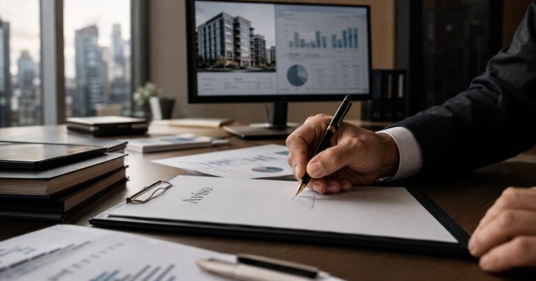 Documentos e caneta sobre uma mesa de escritório, simbolizando a transição administrativa em fundos imobiliários.