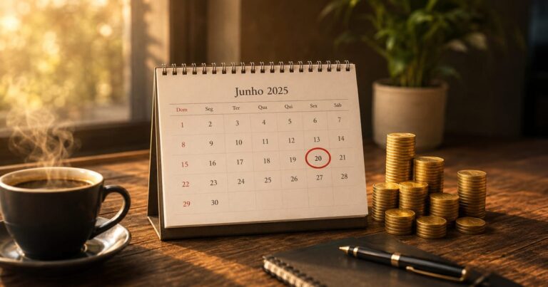 Calendário de mesa com uma data circulada em vermelho ao lado de moedas empilhadas, representando a data com e data ex de dividendos.