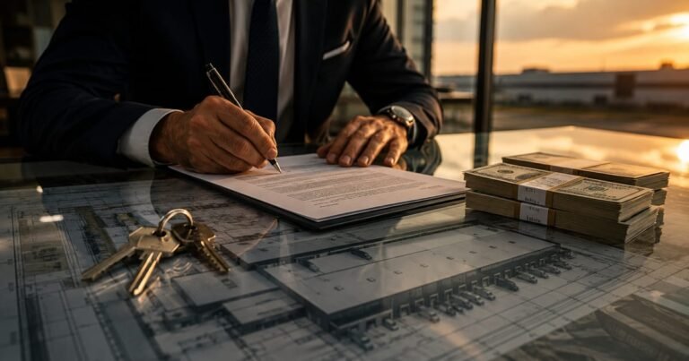 Executivo assinando contrato de sale and leaseback com dinheiro e chaves sobre a planta de um galpão logístico.