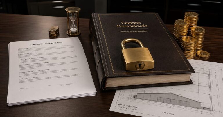 Dois contratos sobre uma mesa de madeira, um tradicional com uma ampulheta e outro robusto com um cadeado, representando contratos típicos e atípicos em FIIs.