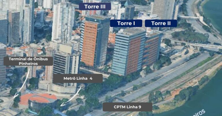 Fachada de edifícios comerciais modernos de vidro em São Paulo, representando o mercado de lajes corporativas.