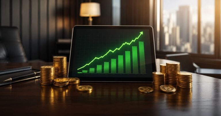 Tablet com gráfico financeiro ascendente rodeado por pilhas de moedas douradas simbolizando renda passiva e ETFs de dividendos.