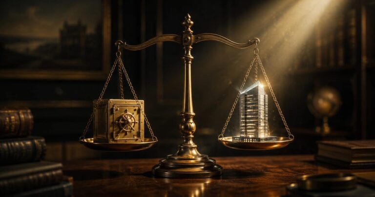 Balança equilibrando um cofre de banco e um prédio, representando a comparação entre FII e renda fixa.