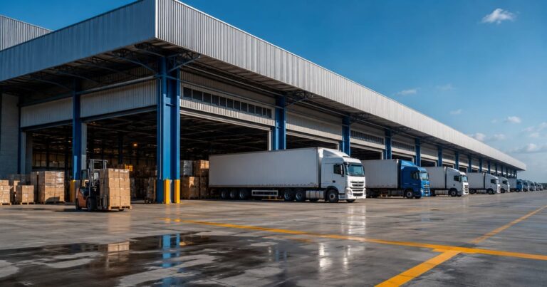 Galpão logístico moderno com docas de carregamento e caminhões estacionados sob um dia ensolarado.