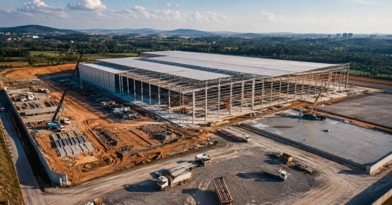 Imagem aérea de galpão logístico em construção, representando os investimentos de tijolo do fundo GGRC11 em São Paulo.