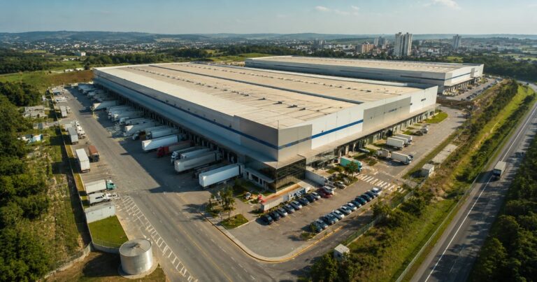 Vista aérea de galpões logísticos modernos representando o portfólio de imóveis do fundo GGRC11 negociado no mercado