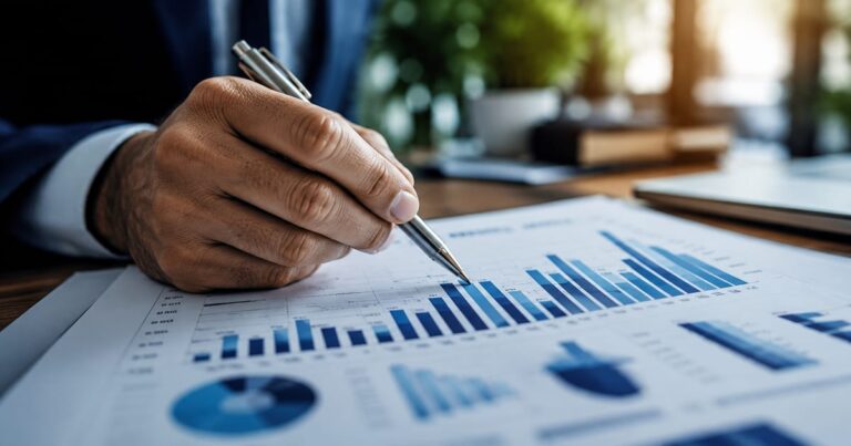 Relatório financeiro impresso com gráficos e uma caneta, representando a análise do fundo IRIM11.
