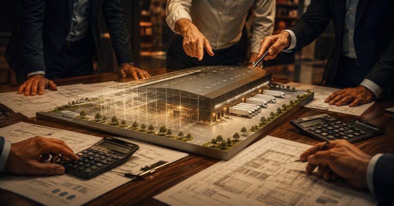 Arranha-céus espelhados refletindo o pôr do sol em um centro financeiro, ilustrando investimentos imobiliários.