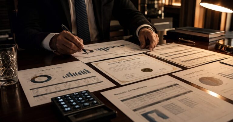 Mãos de investidor analisando contratos de crédito imobiliário sobre uma mesa de madeira, representando FIIs de papel.