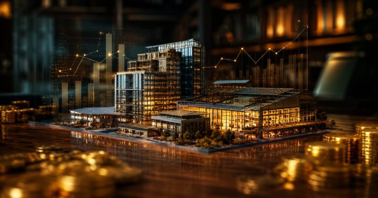 Maquete hiper-realista de prédios e galpões em cima de uma mesa rodeada por moedas, representando fundos imobiliários de tijolo.