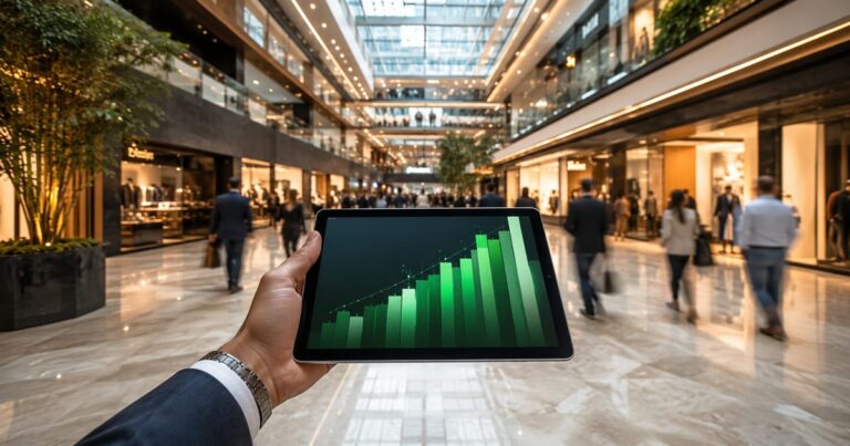 Homem segura tablet com gráficos financeiros dentro de um shopping center moderno e iluminado, representando FIIs de Shopping.