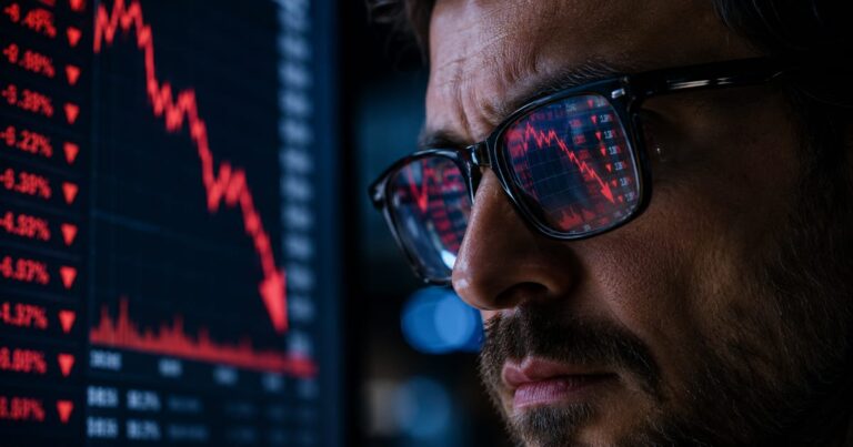 Painel digital com setas vermelhas de queda refletido nos óculos de um investidor.