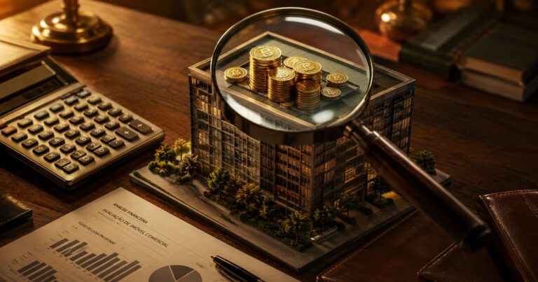Maquete de prédio comercial com calculadora e lupa ampliando moedas, representando o cálculo de Cap Rate.