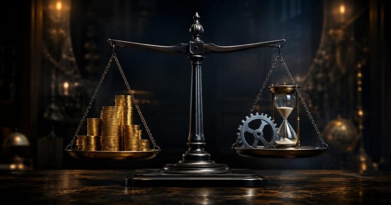 Balança de precisão equilibrando moedas de ouro e uma ampulheta antiga, representando o conceito de duration e o valor do dinheiro no tempo.