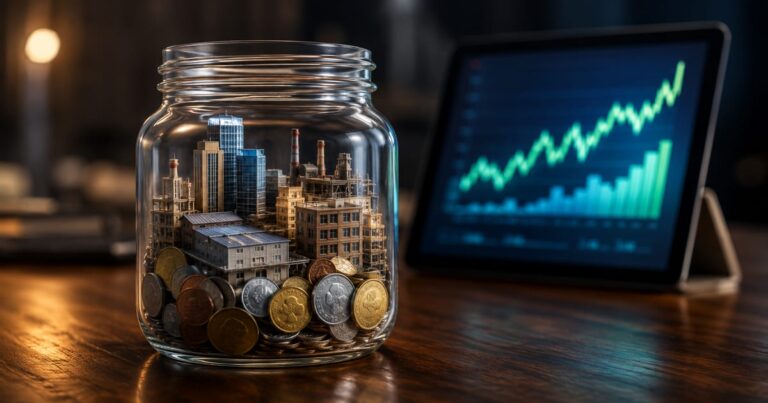 Pote de vidro contendo moedas e miniaturas representando a diversificação de um ETF e como funciona na bolsa.