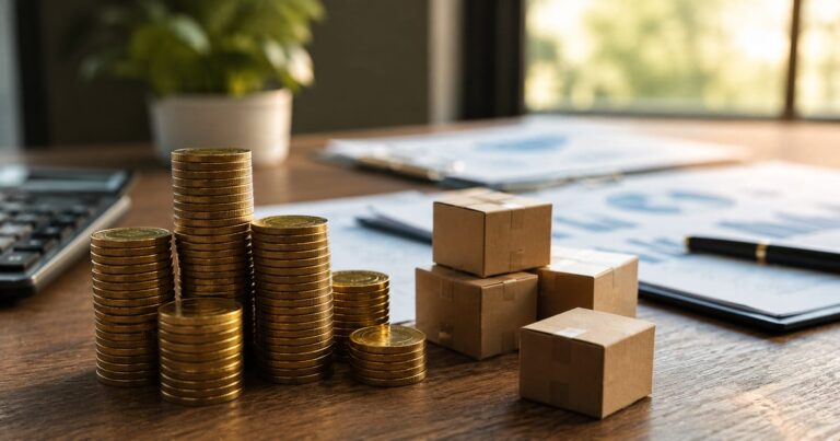 Moedas e caixas de papelão representando a distribuição financeira e logística de fundos imobiliários.
