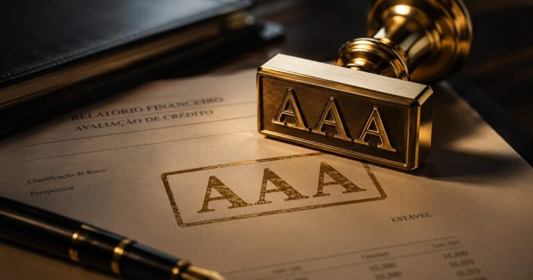 Carimbo dourado com a nota de rating AAA sobre um documento financeiro, representando segurança e aprovação de crédito.