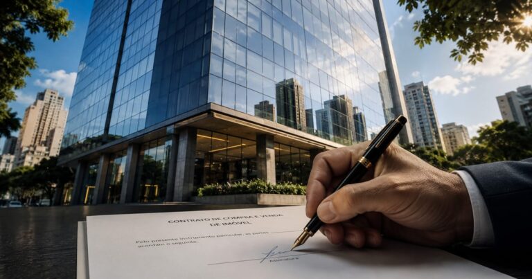 Edifício corporativo de vidro com detalhe de assinatura de contrato em primeiro plano.