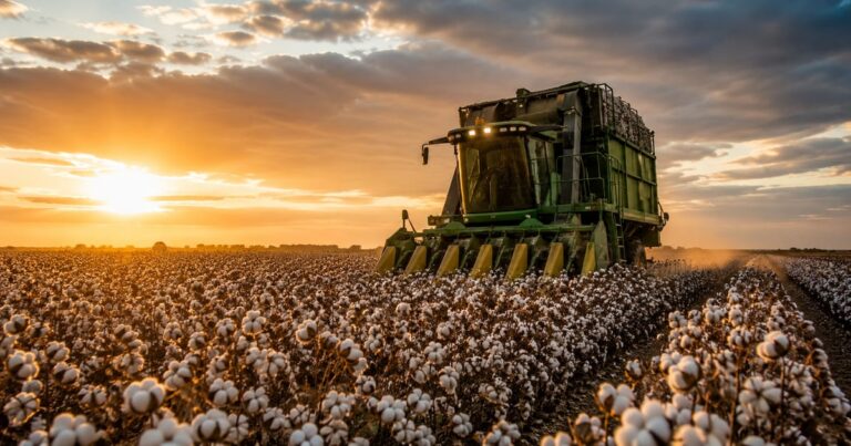 Plantação de algodão no final da tarde com maquinário agrícola, representando os ativos do fundo RZTR11