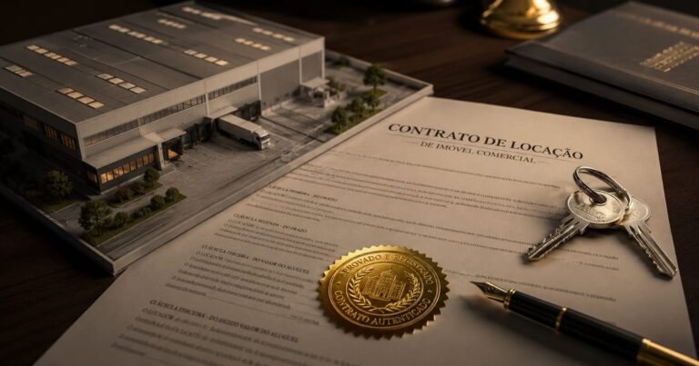 Maquete de galpão logístico sobre um contrato com selo dourado, representando o significado de Buy to Lease nos fundos imobiliários.